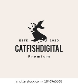 digital pixel catfish hipster vintage logo vector icon illustration