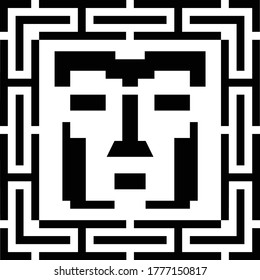Digital pixel cyber avatar icon. Computer technology, security, hacking. Black and white face person. 8-bit abstract symbol design illustration. Stock vector.