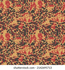 Cámara de explosión digital de píxeles, patrón sin fisuras para su diseño. Camuflaje de color rojo y naranja, tejidos modernos. Resumen repitiendo papeles pintados. Textura vectorial