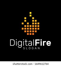 Digital Pixel Fire Or Flame Logo Design Vector