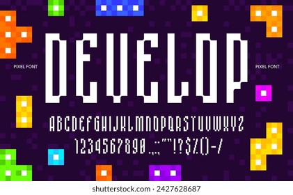 Digitale Pixelschrift, moderne Schriftart oder geometrisches 8-Bit-Alphabet, Vektor-Binärbuchstaben. Arcade-Videospiel-Pixel-Schriftart oder Retro-Tech-Schriftart mit englischem Alphabet in 8-Bit-Pixel-Art-Typografie ABC