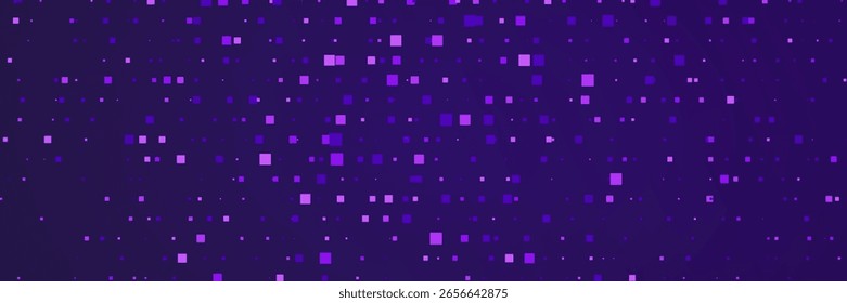Digital pixel frame. Glitch background. Glowing purple squares on dark bg. Abstract tech banner. Finance grid. Business blue mosaic. Futuristic, tech-style template. Vector Illustration.