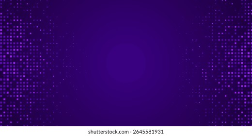 Digital pixel frame. Glowing purple squares on dark background. Abstract tech banner. Finance grid. Business bg. Blue mosaic. Futuristic, tech-style template. Vector Illustration.