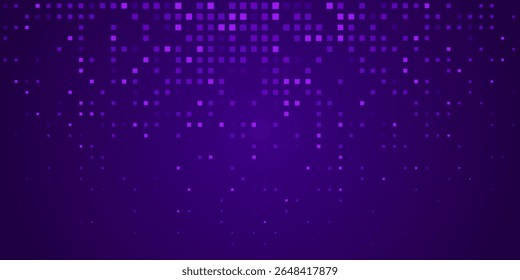 Digital pixel frame. Glowing purple squares on dark background. Abstract tech banner. Finance grid. Business bg. Blue mosaic. Futuristic, tech-style template. Vector Illustration.