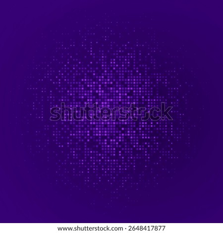 Digital pixel frame. Glowing purple squares on dark background. Abstract tech banner. Finance grid. Business bg. Blue mosaic. Futuristic, tech-style template. Vector Illustration.