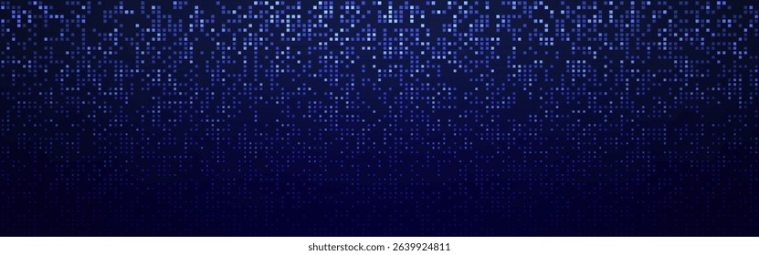 Digital pixel glitch background. Blue squares on dark gradient. Business or technology backdrop. Data, sci-fi, or futuristic design template. Abstract science banner. Vector Illustration.