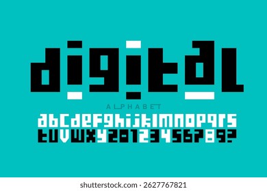 Digital. Fonte em estilo pixel, letras do alfabeto e ilustração de vetor de números
