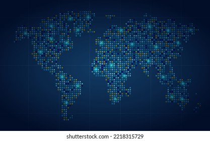 Digital pixel world map with spot lights.