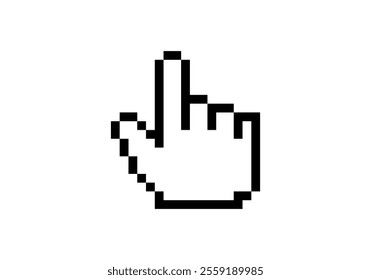 A digital, pixelated cursor hand symbol in black, displayed prominently on a white background.