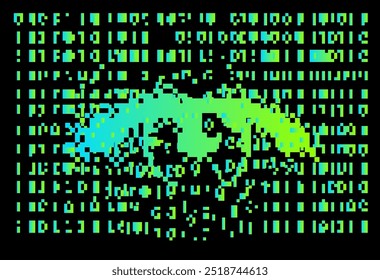 Ojo pixelado digital hecho de píxeles verdes y azules, establecido sobre un fondo negro lleno de símbolos o código binario. Estética inspirada en la tecnología, que evoca una sensación de vigilancia.