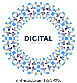 Digital pixels in circle form. tiny squares in round logo. vector digital frame design element.