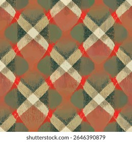 Digitale plaid, de kleuren mengen van warme bruin tot koele greens en rood, grunge lijnen ikat patroon, ikat naadloos patroon, Vector illustratie achtergrond voor het afdrukken van het papier.