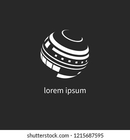 Digital planet logo, networking icon, 3D sphere with pattern, abstract globe graphic design element. Vector illustration