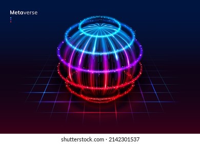 Digital planet with neon line squares, metaverse universe. Vector realistic cartoon, virtual and augmented reality. Gradient color of circular futuristic sphere. Interactive design of space