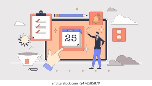 Digital planner for online task reminders tiny person neubrutalism concept. Use smart phone for effective task management with notifications and calendar vector illustration. Device productivity tool