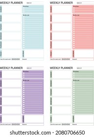 Digital planner, weekly digital planner on white background, four color, printable