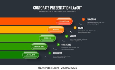 Digital Planning 5 Step Diagram Slide Layout. Project Performance Presentation Design Vector Illustration. Product Overview Five Element Infographic Slideshow Template.