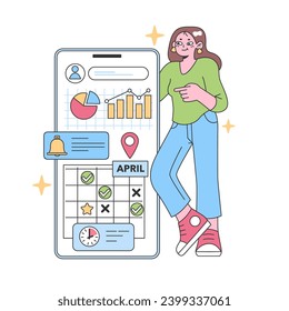 Digital planning concept. Woman interacting with a large smartphone showcasing profile data performance charts. Organized life and work routine. Flat vector illustration.