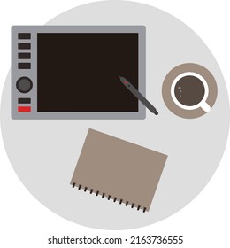 Digital plate, Coffee Cup And Notebook Flat Vector Illustration
