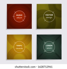 Digital plate music album covers collection. Semicircle curve lines patterns. Futuristic plate music records covers, vinyl album mockups. DJ records geometric layouts. Techno party posters.