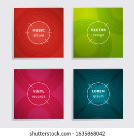 Digital plate music album covers collection. Semicircle curve lines patterns. Trendy plate music records covers, vinyl album mockups. DJ records geometric layouts. Posters material design.