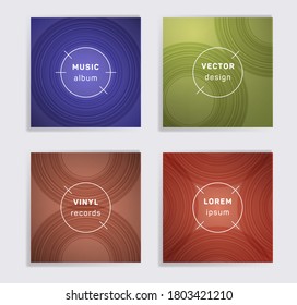Digital plate music album covers collection. Semicircle curve lines patterns. Simple plate music records covers, vinyl album mockups. DJ records disc vector mockups. Techno party posters.