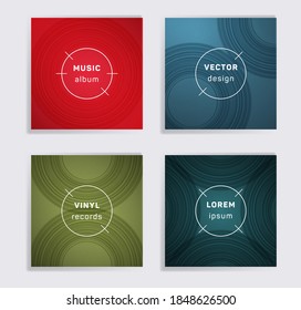 Digital plate music album covers collection. Semicircle curve lines patterns. Trendy plate music records covers, vinyl album mockups. DJ records disc vector mockups. Banners flyers cards set.