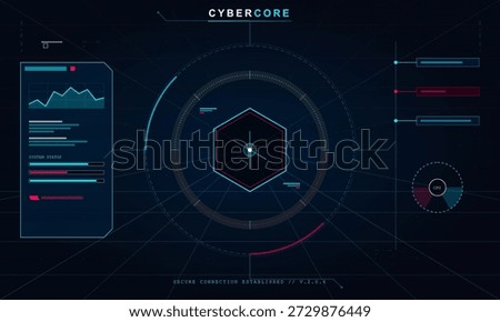 A digital platform displays various metrics, graphs, and data points regarding system performance and user activity. The layout features charts and a central focus area.