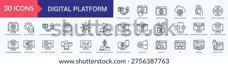 Digital Platform Icon Pack Illustration Vector Outline Style with digital platform, online service, web platform, cloud platform, 
