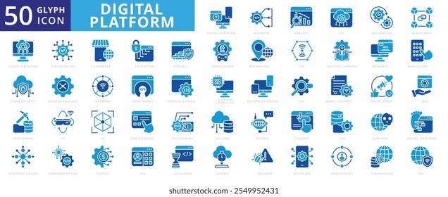 Digital Platform icon set with algorithm, analytics, api, automation, blockchain, cyber security, ecommerce, big data, automation, encryption, fintech, machine learning, decentralization.