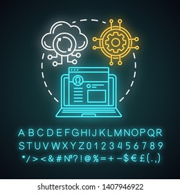 Digital platform neon light concept icon. Online network, communication app idea. Glowing sign with alphabet, numbers and symbols. Social media, cloud technology. Vector isolated illustration