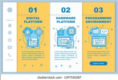 Digital platform onboarding mobile web pages vector template. Responsive smartphone website interface idea with linear illustrations. Programming webpage walkthrough step screens. Color concept 