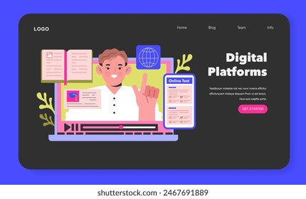 Digital Platforms concept An instructor points to educational icons on a computer screen, representing online testing and global e-learning opportunities Vector illustration