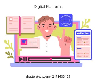 Digital Platforms concept An instructor points to educational icons on a computer screen, representing online testing and global e-learning opportunities Vector illustration