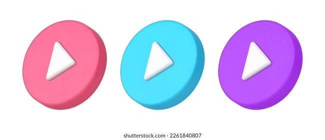 Digital player button start technology multimedia device 3d icon set realistic vector illustration. Triangle arrow circle badge push panel control internet web browser mobile app media play broadcast