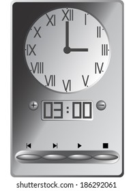 Digital player combined with a roman clock on a white background