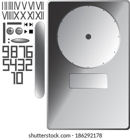 Digital player combined with a roman clock with details of the watch isolated on the white background