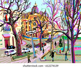 digital plein air painting of Kiev street cityscape in spring, contemporary art vector illustration