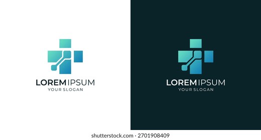Digital Plus Logo Design. Combined Vector of Medical Cross with Tech Connection Inspirations.