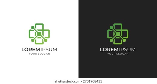 Design do logotipo Digital Plus. Vetor combinado de Cruz Médica com Inspirações de Conexão Técnica.