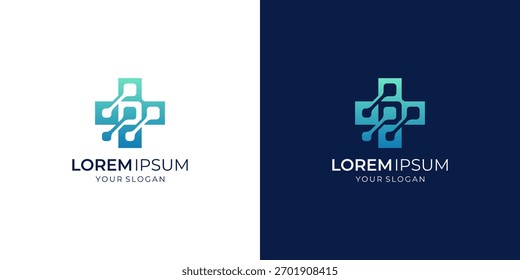 Design do logotipo Digital Plus. Vetor combinado de Cruz Médica com Inspirações de Conexão Técnica.	
