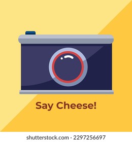 Digital Pocket Camera vector illustration with say cheese text isolated on square yellow template