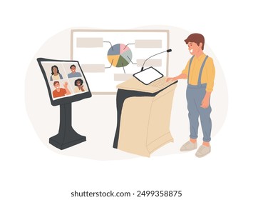 Digital podium isolated cartoon vector illustrations. Student uses digital podium in virtual classroom, smart classes, video conferencing, data visualization, degree program vector cartoon.