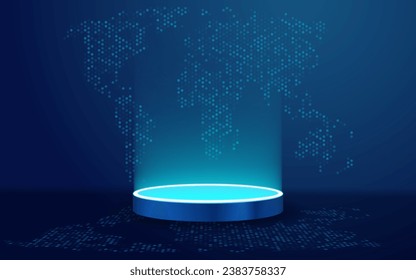 Digital podium with neon light blue on technology world map background. Abstract futuristic pedestal for hologram in cyberpunk or ski-fi modern style. Dark background for game and advertising concept.