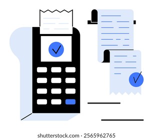 A digital point of sale terminal is printing receipts, both marked with blue check symbols. Ideal for financial transactions, business accounting, e-commerce, digital payments, and financial