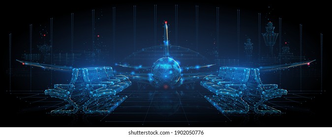 Digital polygonal 3d airplane, departure lounge with empty seats in dark blue. Quarantine at airport, COVID-19 pandemic, closed air traffic concept. Abstract vector mesh wireframe with connected dots
