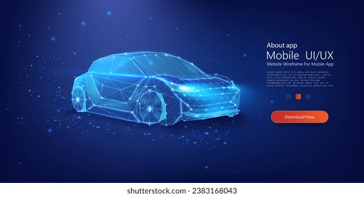 Digital Polygonal Car Render with Luminous Edges on a Starry Night Background. Digital car in a futuristic style. Сoncept for a banner or landing page. Vector illustration