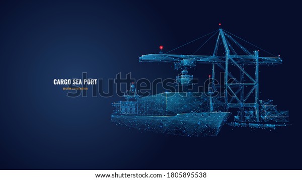 Digital polygonal cargo sea port. 3d ship,\
port crane and containers in dark blue. Container ships,\
transportation, logistics, business or worldwide shipping concept.\
Abstract vector mesh\
illustration