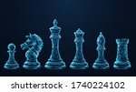 Digital polygonal image of chess pieces. Pawn, knight, king, queen, bishop and rook isolated in black. Abstract vector mesh consisting of blue lines and dots looks like starry sky. Chess game concept
