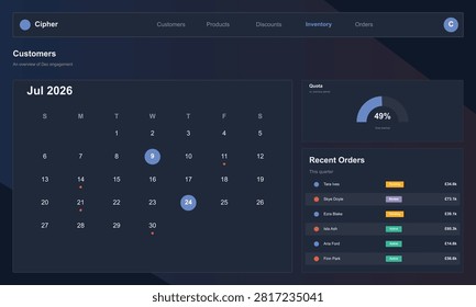 Digital portal for Cipher business showing customer engagement data. Features July 2026 calendar, inventory overview, and recent orders with status and pricing details.